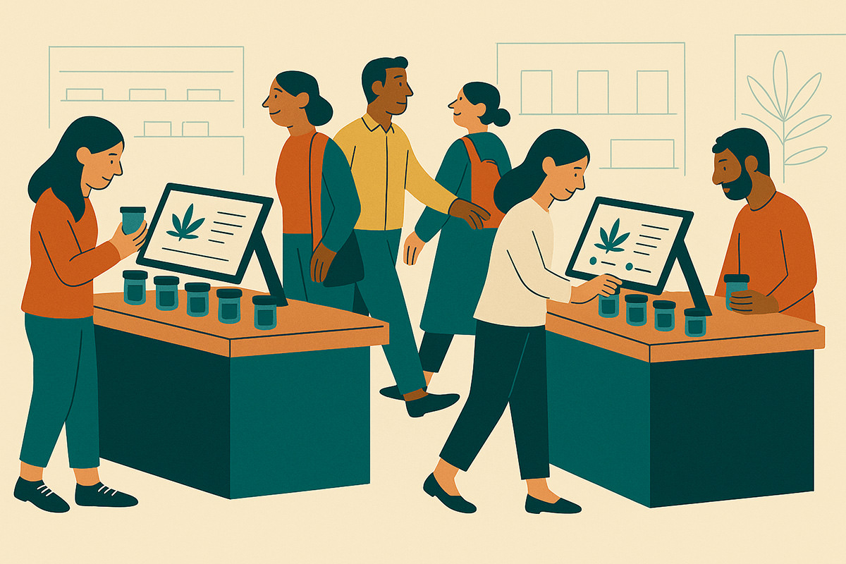 Customers interacting with digital cannabis displays