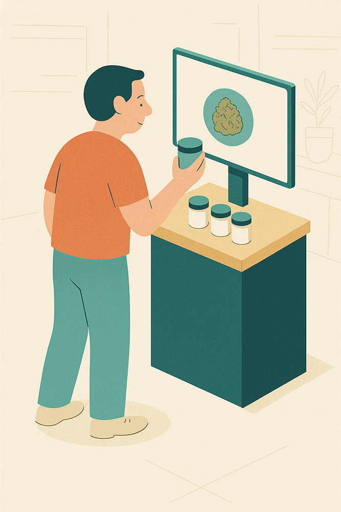 Smart cannabis kiosk helping a customer learn about flower